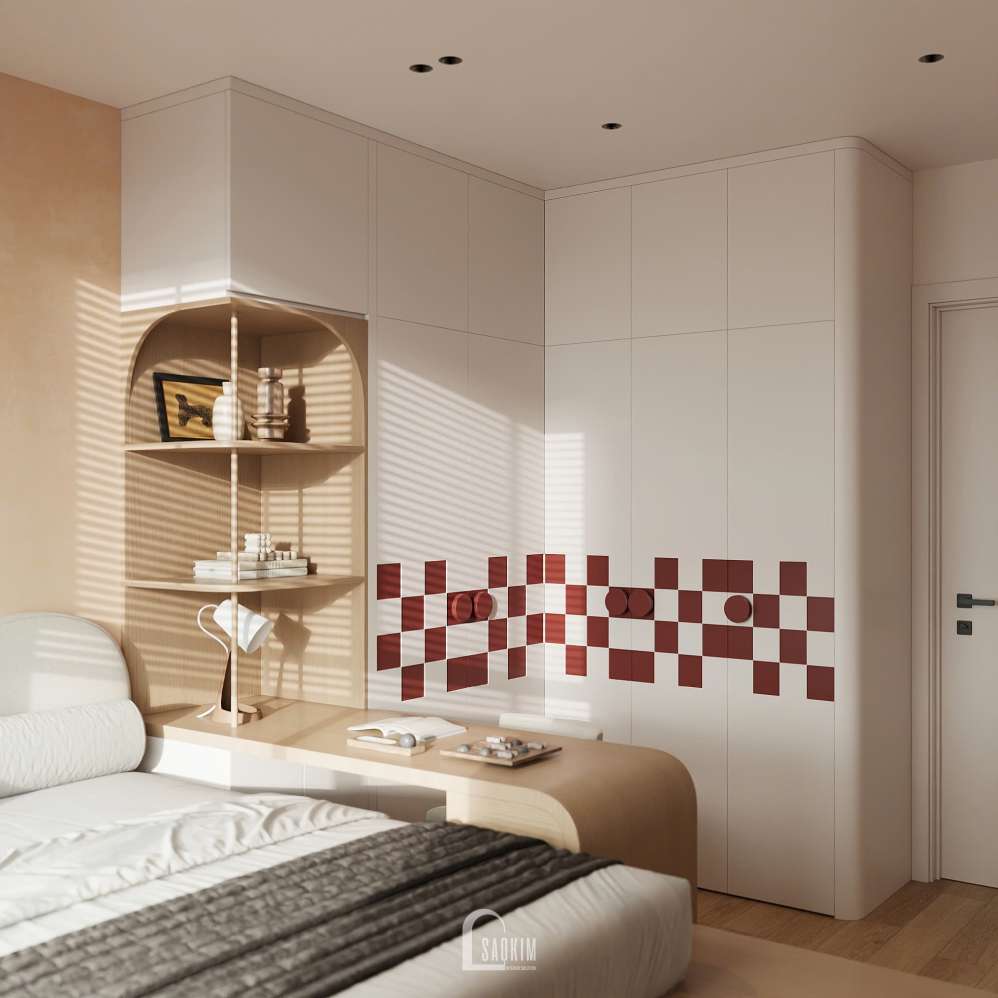 Không gian phòng ngủ phụ phong cách Japandi trong thiết kế chung cư The Beverly Vinhomes Ocean Park
